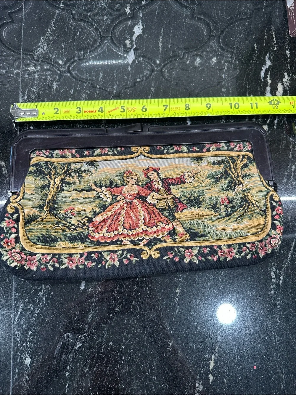 Tapestry Evening Clutch Bag in Black with Floral Scene